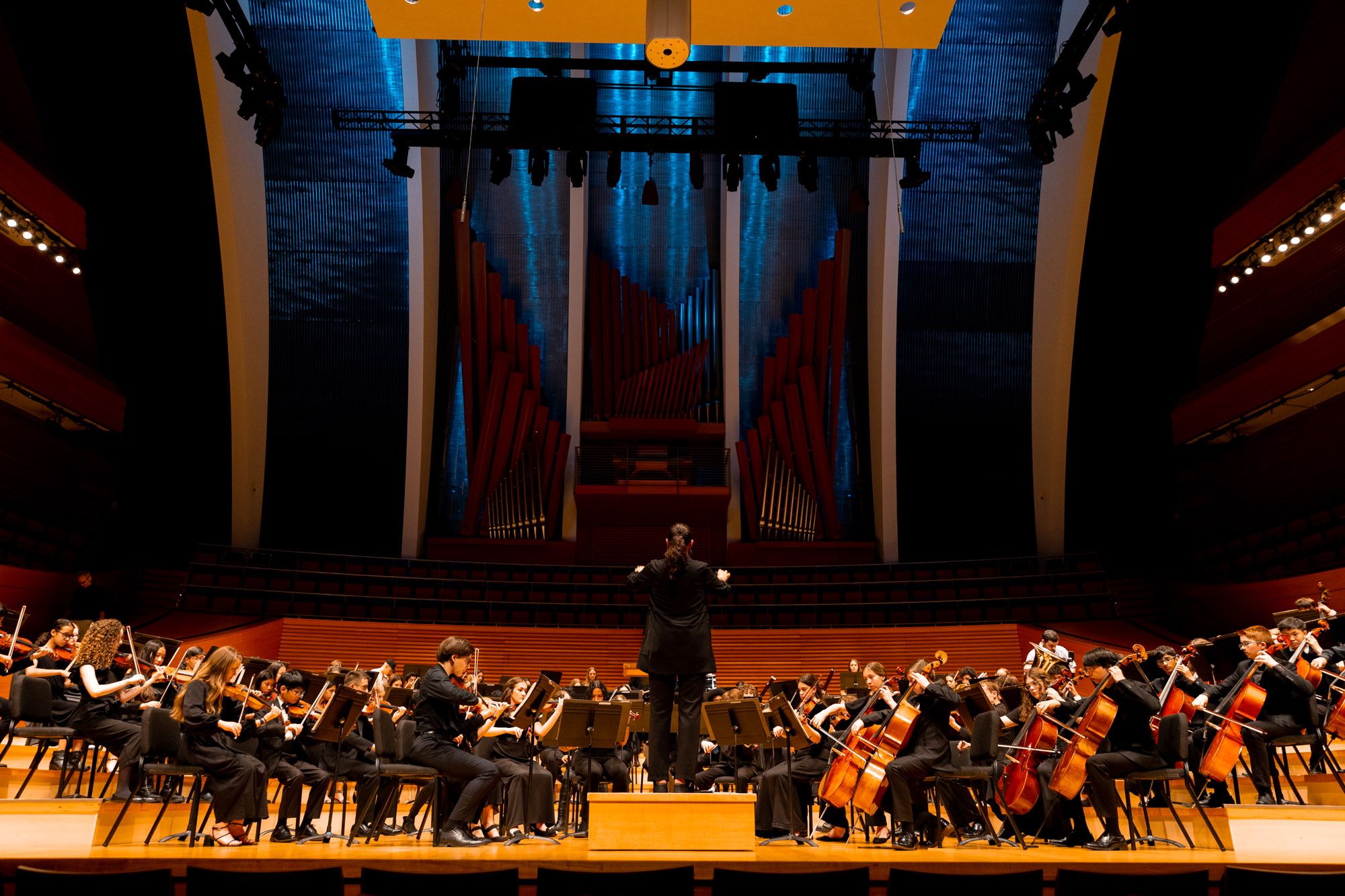 A youth orchestra on the Helzberg Hall stage at the Kauffman Center for the Performing Arts in Kansas City performs under the direction of YSKC conductor Michelle Davis. We see only the conductor's back, and her arms are raised as she conducts.